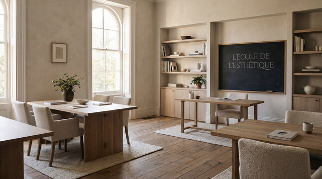 Elegant classroom interior with tall arched window and soft natural light spilling across room