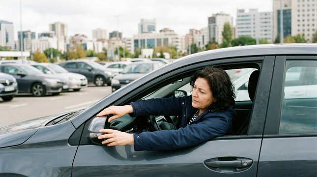 Driver adjusting the side mirror of a car at a rideshare hub with the surrounding waiting vehicles and cityscape gently out of focus.