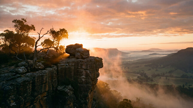 Golden hour casts warm glow on rugged cliff overlooking misty valley landscape scenery beautiful