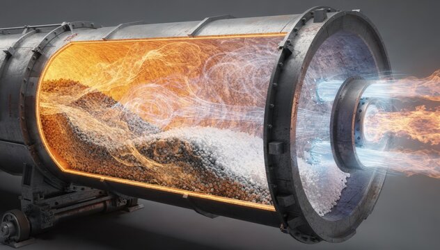 Medium shot capturing oxygenenriched environment inside a rotary kiln enhancing calcination of magnesite into pure reactive magnesium oxide with visible flame and gas flow.