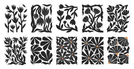 Floral bundle in linocut printmaking style.Nordic folk botanical illustration set with widflowers,branches and leaves.Bold black and white flower silhouettes for branding,packaging,posters,patterns. © Xenia Artwork 