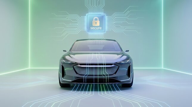 Modern electric car concept with digital security and cyber protection system in futuristic illuminated room
