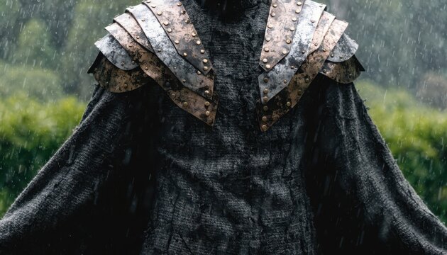 Medium shot of faux metal shoulder pads focusing on rivet details with the rest of the costume softly out of focus ideal for realistic fantasy cosplay looks.