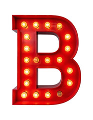 Naklejka premium Striking bright red marquee letter b featuring illuminated vintage style light bulbs perfect for cinematic signage&nbsp;
