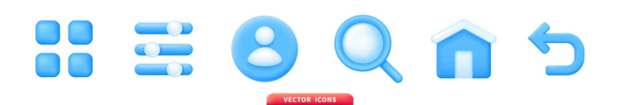 Blue glossy user interface icon set with menu grid sliders profile search home undo buttons in modern 3d style for web mobile app design isolated on white background