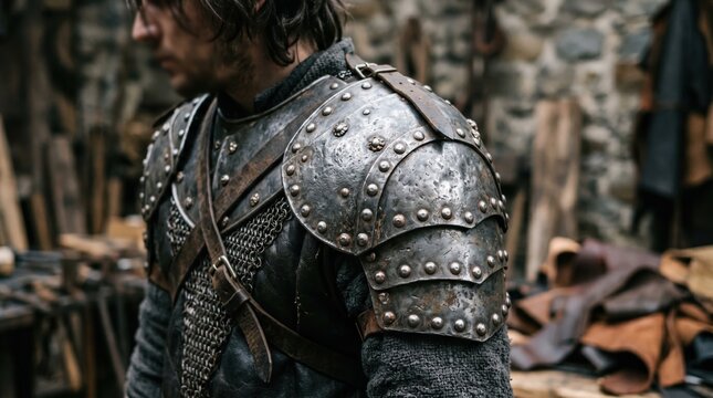 Medium shot of faux metal shoulder pads focusing on rivet details with the rest of the costume softly out of focus ideal for realistic fantasy cosplay looks.