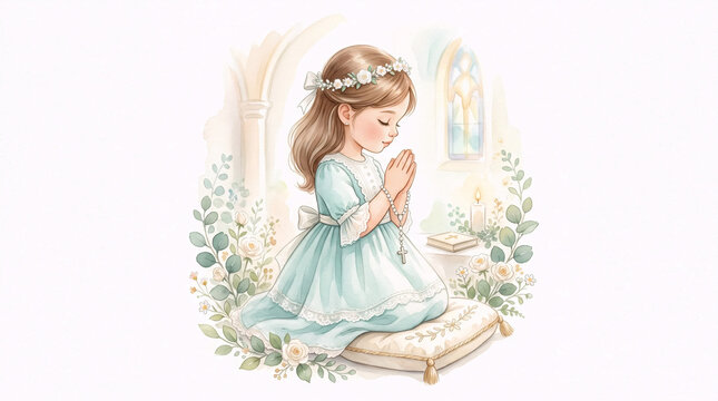 Little girl praying, first communion watercolor illustration, soft christian child faith concept