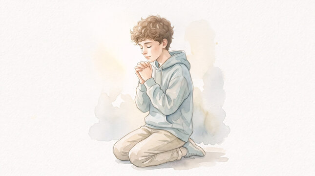 Boy praying, soft watercolor christian spiritual illustration