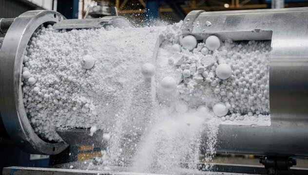 Closeup view of a highenergy ball mill crushing titanium dioxide pigments into uniform fine powders highlighting the intense mechanical grinding process in an industrial setting.