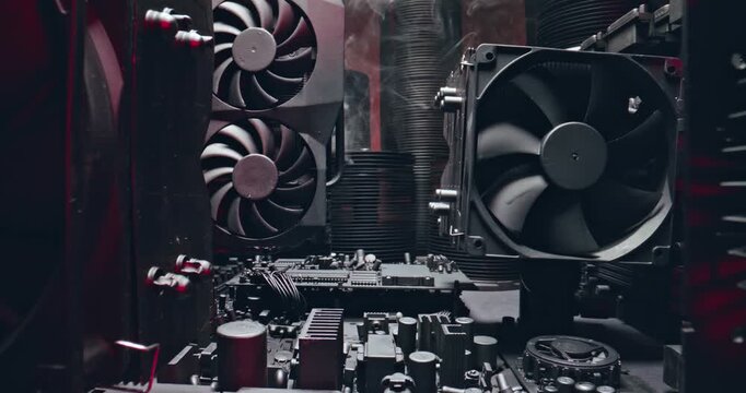 Motherboards, graphic cards during malfunction fans and burning components