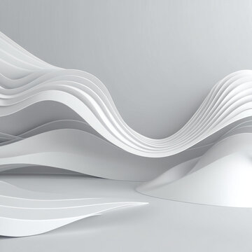 Abstract minimalist background, pure white and soft light grey 3d smooth geometric waves, elegant corporate presentation background, soft shadows, pristine and clean, 4k