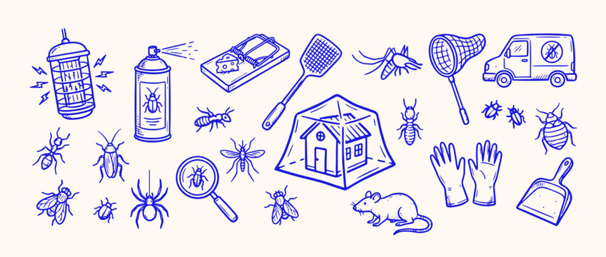 Pest Control Tools and Creatures: A comprehensive illustration showcasing an array of pest control tools and the insects they combat.