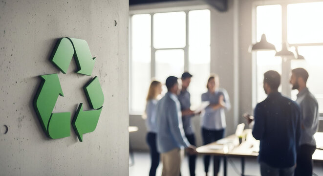 Green three arrow recycling symbol affixed to a textured concrete wall highlights a commitment to sustainability within a bright modern office setting where colleagues gather.