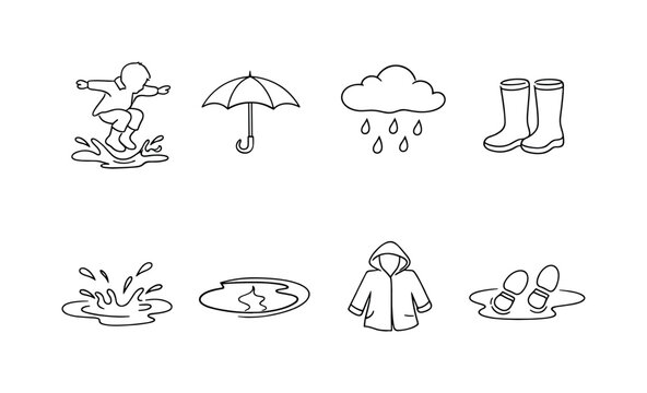 PUDDLE JUMPING CHILD SILHOUETTE. Minimalistic set one-line drawing child jumping in puddle, splash water, rain