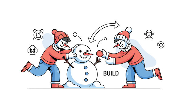 Snowman creation moment. One main snow figure is being finished, with a final detail like a carrot nose or buttons added as the focal point. Subtle arrows and