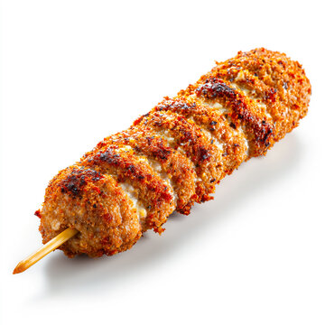 Grilled lula kebab on a wooden skewer with crispy breading, isolated on white background, delicious minced meat kofta, traditional middle eastern cuisine, gourmet food photography