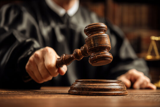 Judge hitting a wooden gavel on a sounding block in a courtroom. Close up of authority figure in black robe making a final decision. Law, justice, and legal auction concept