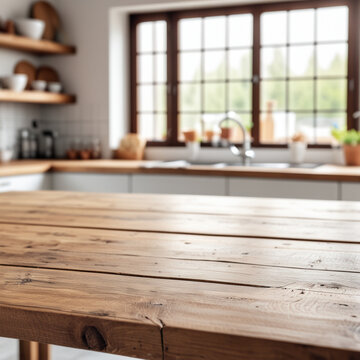 An empty rustic wooden table top in sharp focus, blurred background of a bright modern kitchen, soft natural window light, perfect for product placement or food mockup, photoreal