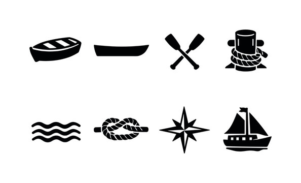 Classic small watercraft. Filled icon set of Classic small watercraft: dinghy boat, skiff silhouette, oar pair