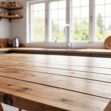 An empty rustic wooden table top in sharp focus, blurred background of a bright modern kitchen, soft natural window light, perfect for product placement or food mockup, photoreali