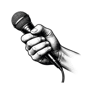 Hand Holding Microphone. A human hand holding a microphone with a visible cable, tightly framed and partially