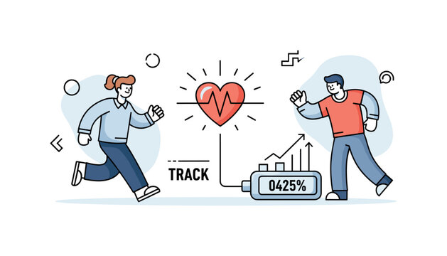 Workout tracking. A central heart icon pulses with radiating lines, connected to a minimal device showing rising numbers. A ?TRACK? caption