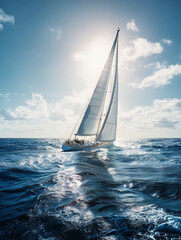 Fototapeta premium Luxury sailing yacht cruising through deep blue ocean waves under a bright sun. Beautiful seascape with a white sailboat in the open sea. Concept of summer travel, freedom and adventure