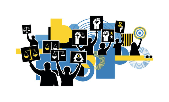 retro protest scene with figures holding symbolic signs, black and white silhouettes with bold white contour, signs transforming into geometric icons and