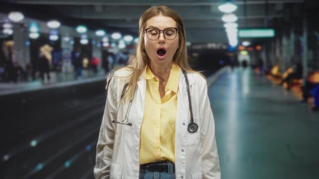 Woman doctor in white coat with stethoscope and glasses, mouth open in surprise on a subway platform inside a building; surprise.