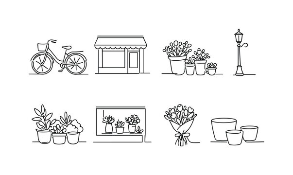 RETRO BICYCLE AND FLORAL STORE. Minimalistic set one-line drawing old bicycle, shop front, flower buckets,
