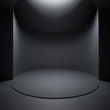 Clean dark grey studio background, smooth infinite curved backdrop, subtle soft spotlight from above, elegant minimalist stage, completely empty, 8k, highly detailed