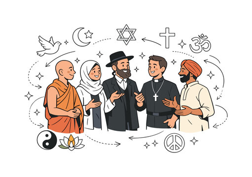 Religious diversity and interfaith dialogue. People of different religions standing together in conversation,