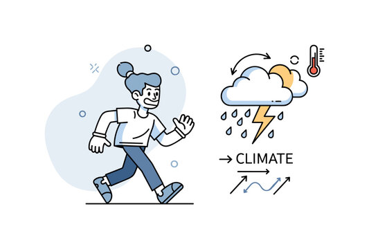 Climate change and weather. A single cloud releases both heavy rain and a small lightning bolt, with a rising thermometer icon beside it. A subtle ?CLIMATE?