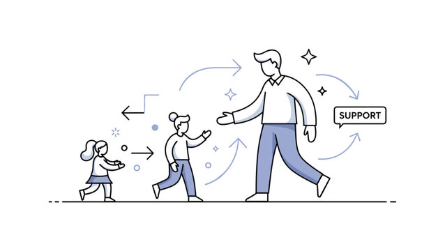 Mentorship and support networks. A central mentor figure guides a smaller person along a path, with soft arrows and connection lines showing guidance and