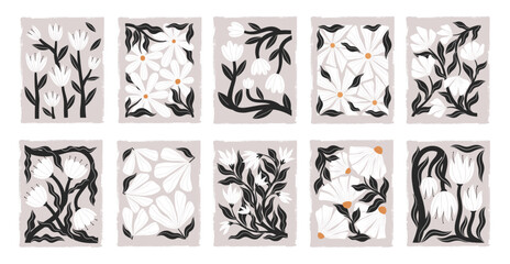 Obraz premium Scandinavian folk wildflowers bundle in linocut style.Bold black and white botanical vintage prints with ornamental flowing leaves.Dark romantic flower Illustrations with subtle gothic aesthetic.