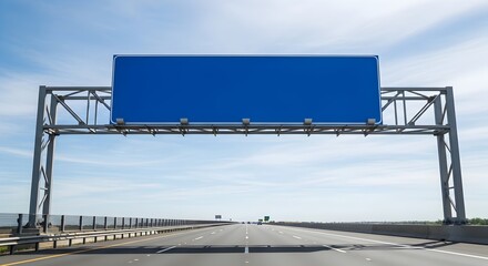 Fototapeta premium Large blue blank billboard on highway overpass with metal structure empty space for advertisement against clear blue sky with wispy clouds