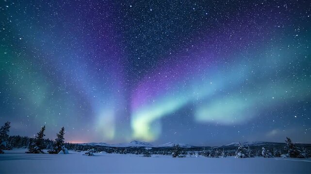 Vibrant Aurora Lights Over Snowy Night Landscape.