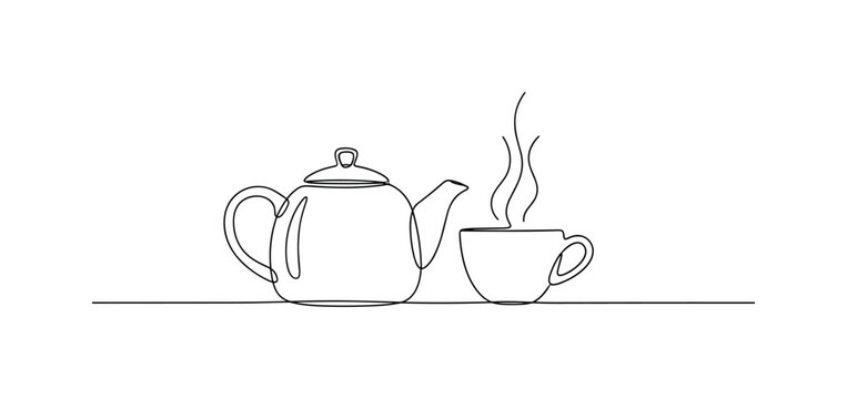 "Calm preparation". Minimalistic one-line drawing teapot and cup placed neatly with subtle steam line indicating warmth in a serene layout, continuous single