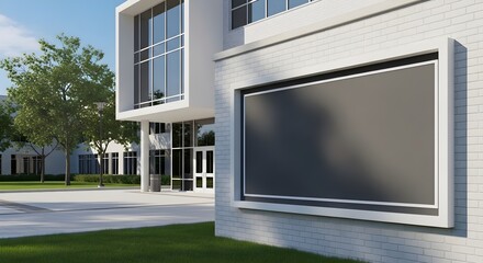Fototapeta premium Modern white office building with large blank billboard on wall glass facade green grass and trees in front perfect for corporate or commercial real estate advertising