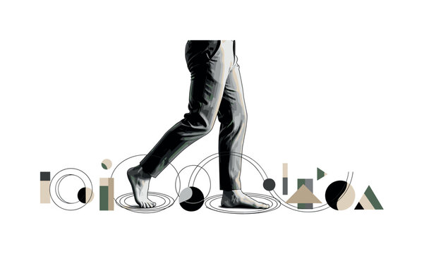 surreal composition of legs walking through floating shapes, monochrome lower body with layered cut-out look, steps transforming into abstract circles and