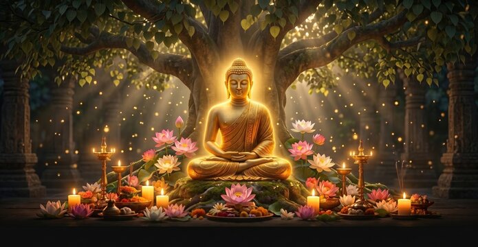 Radiant Meditating Buddha Under Tree with Lotus and Offerings