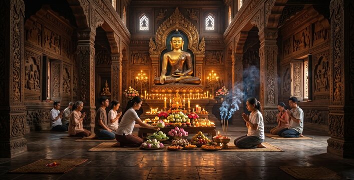 Devotees Praying and Offering Flowers in Buddhist Temple