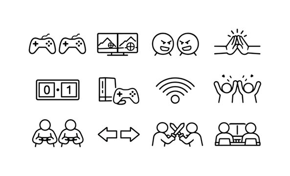 Playing video games together. Line outline icon set of Playing video games together: multiplayer controllers,