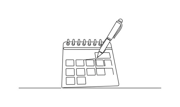 "Planner Schedule Scene". Minimalistic one-line drawing a calendar page with simple blocks and a pen indicating planning activity, continuous single black line
