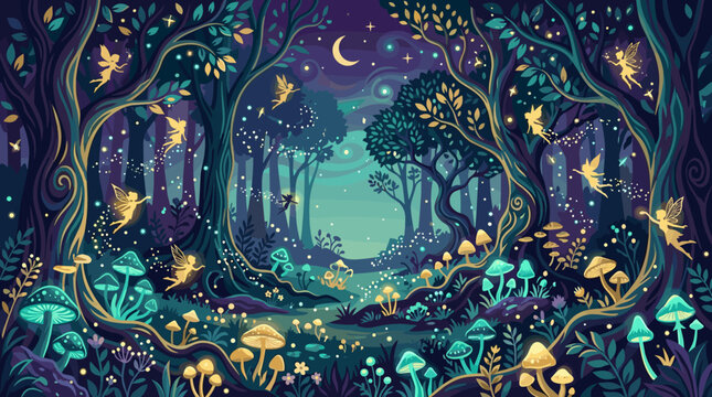Enchanting forest fairies dance under the moonlight magical woods digital artwork fantasy nighttime whimsical