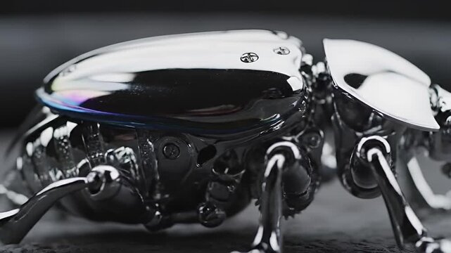 Closeup of a metallic beetle robot with intricate details.