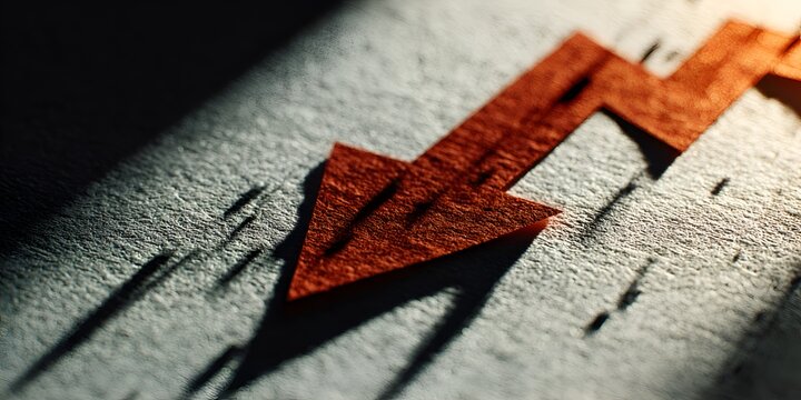 A textured orange arrow points ly downwards, symbolizing financial loss and economic decline on a rough white paper surface in dim light.