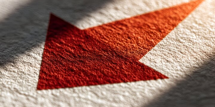 Close up shows a red arrow pointing diagonally downward on rough textured paper surface with sunlight casting a shadow on the side for direction.