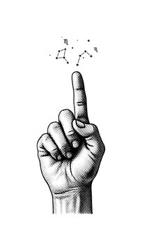 A human hand pointing upward with tiny constellation symbols hovering above the fingertip, isolated gesture, black and white halftone illustration, fine dot