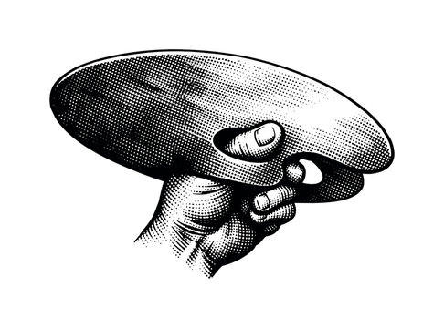 A human hand holding a painter?s palette from below, focusing on the grip and thumb through the hole, rendered